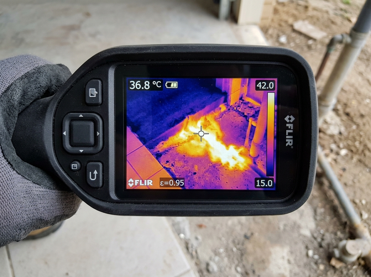 Thermal imaging inspection locating hot water line leak under slab in Santa Barbara